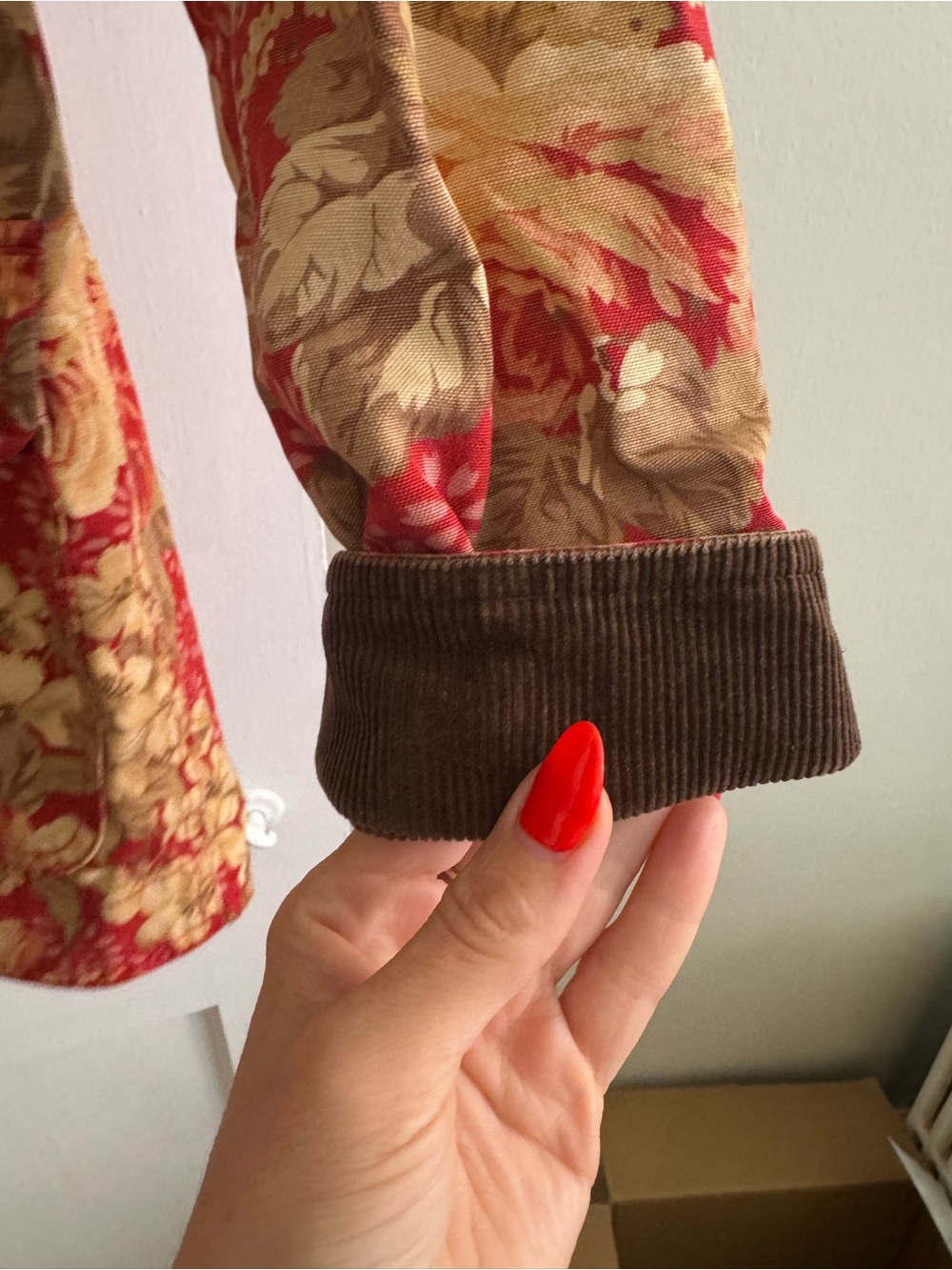 L.L. Bean Red Floral Quilted Chore Jacket with Brown Corduroy Trim - Picture 4 of 6